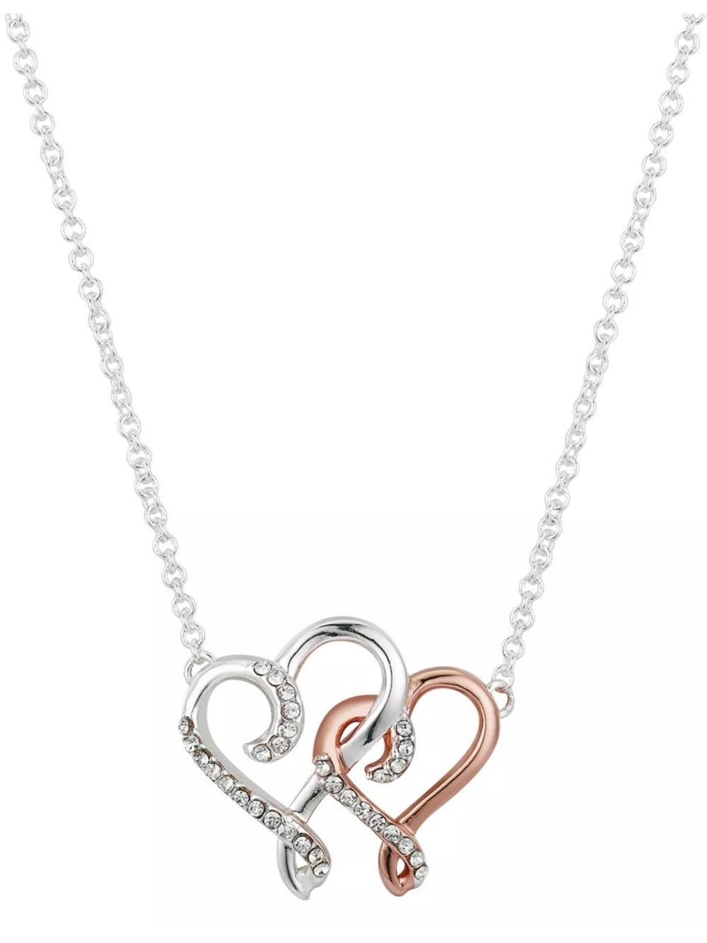 NIB Brilliance Two-Tone Double Heart Necklace with Crystal Accents